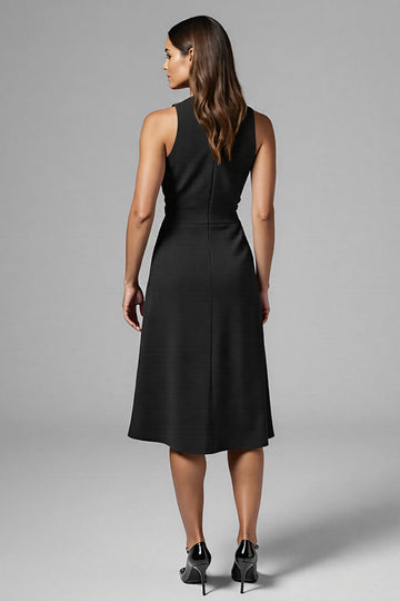 Black A Line Ruched V Neck Midi Work Dress